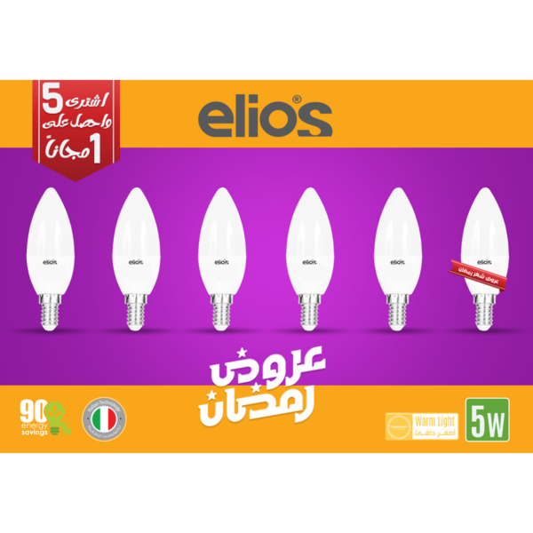 Set of 6 LED CANDLE (C37) 5W Warm Light 3000 Kelvin E14