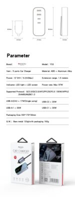 Y53 5 Ports  97W Extended Car Charger With LED Voltage Moniter - Image 8