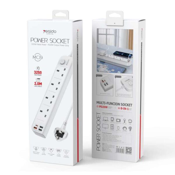 MC19 2M Max 3250W capacity 4 ports UK Standard Power Socket with PD and QC fast charging USB ports