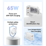 YC89 Three-Port Quick Punch A+C+L 65W Fast Charging UK Spec GaN Charger With C To L Cable - Image 3