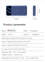 YP27 10000mAh Power Bank | Dual USB QC3.0 18W Port PD type-C 22.5W Port 15W Wireless Port Power Bank - Image 8